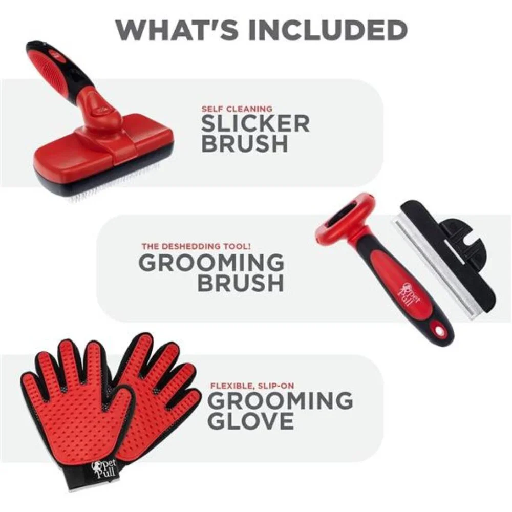 Pet Grooming Brushes for Dogs and Cats Shedding Hair (Red, Grooming Kit)